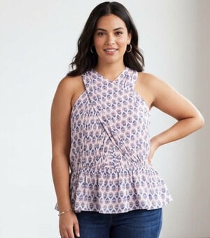 LOFT Pink Floral Peplum Crossover Halter Tank Top Size 14 NWT